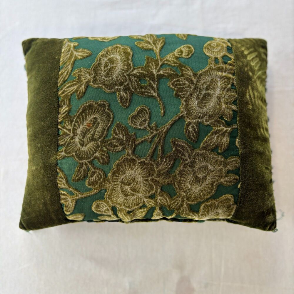 Green Velvet Floral Chenille Accent Pillow Beaded Fringe 12x8